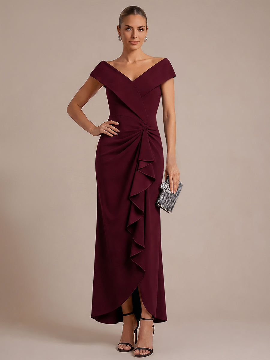 Ruffle Crepe Cap Sleeve Evening Dress #color_Burgundy