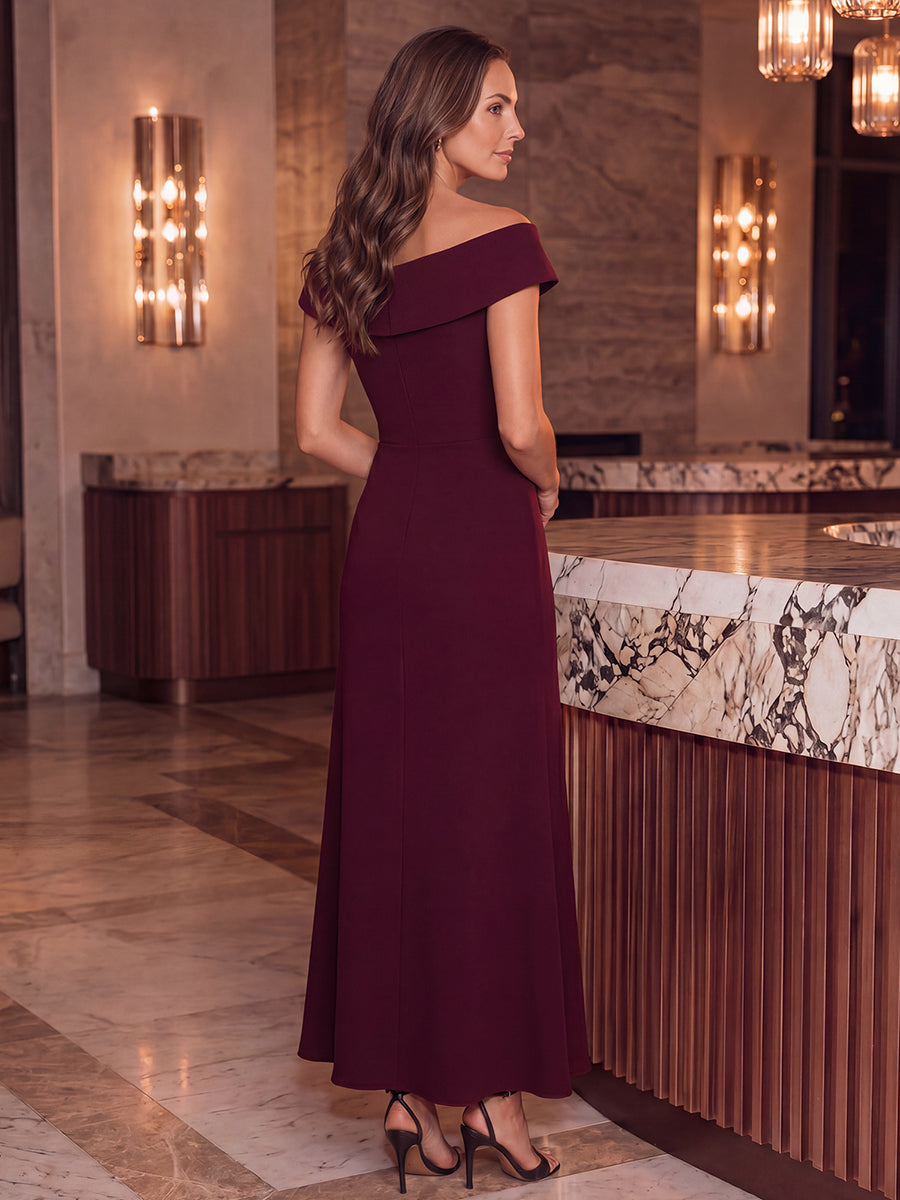 Ruffle Crepe Cap Sleeve Evening Dress #color_Burgundy