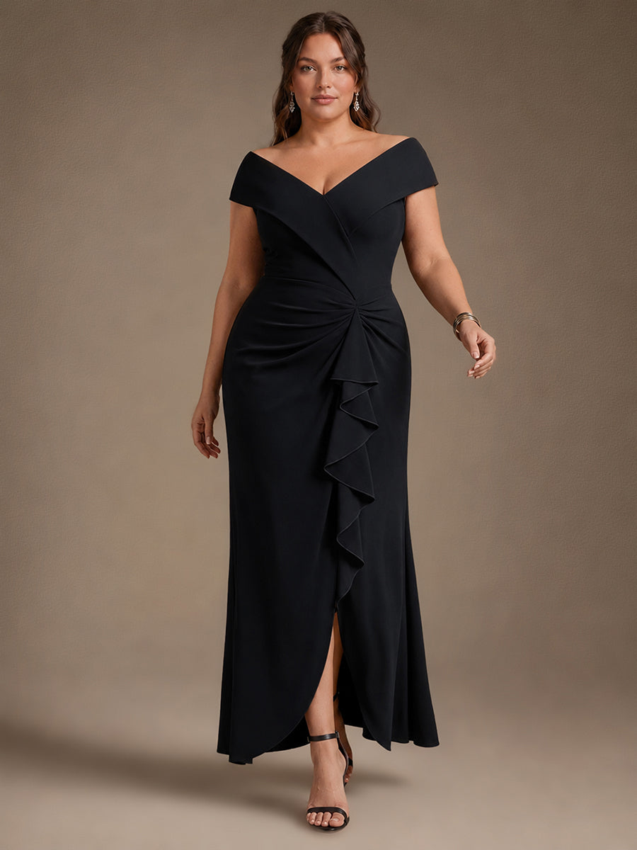 Ruffle Crepe Cap Sleeve Evening Dress #color_Black