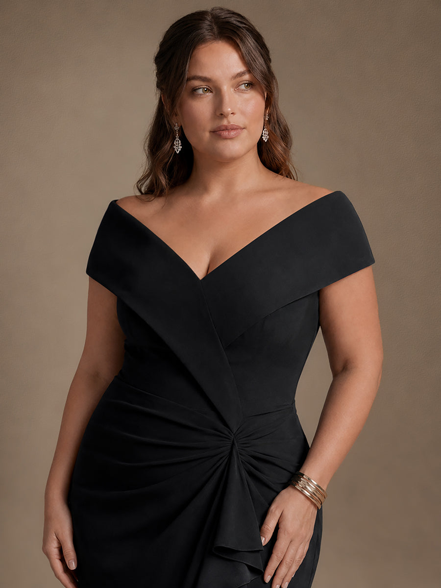 Ruffle Crepe Cap Sleeve Evening Dress #color_Black