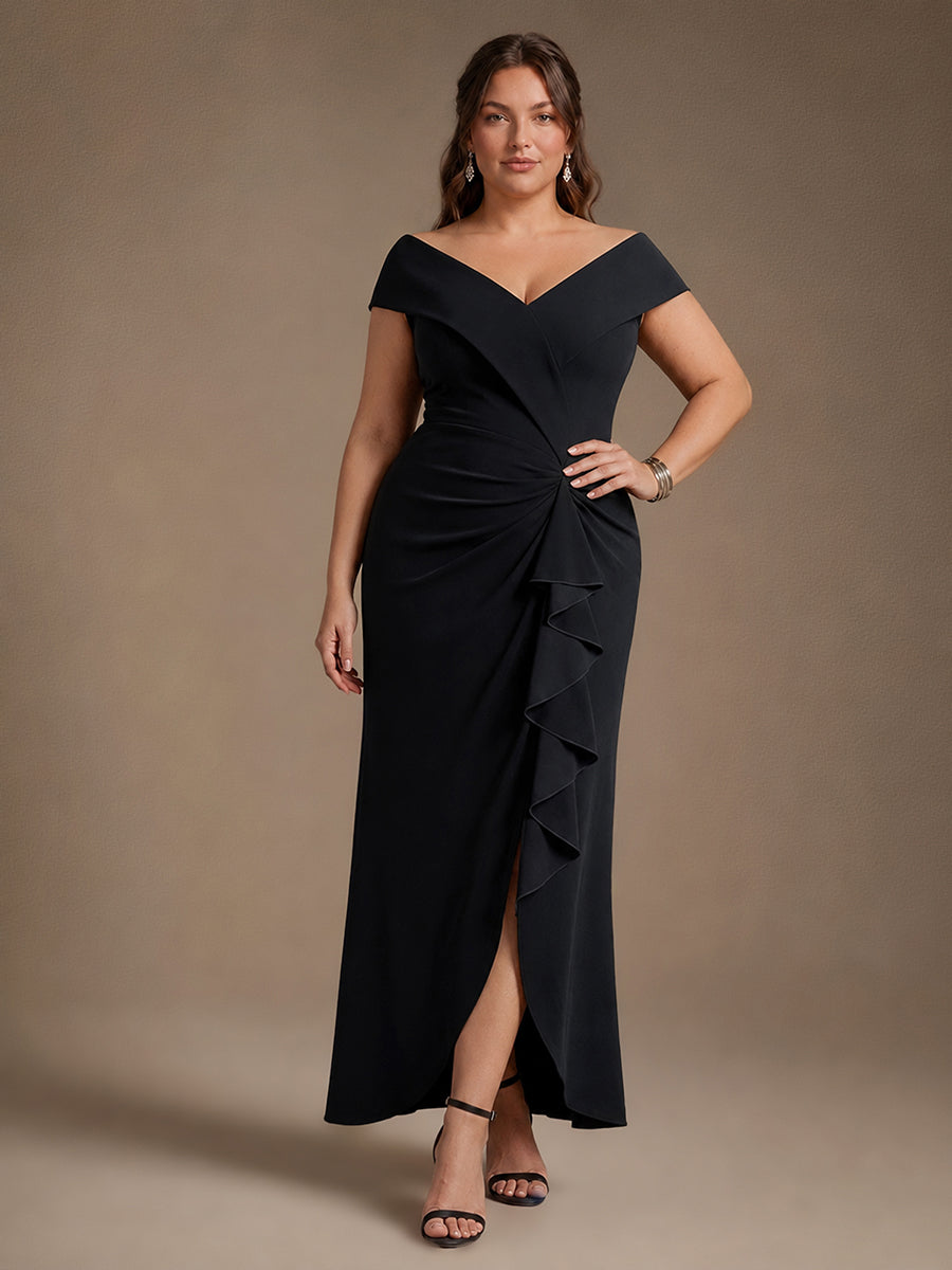 Ever-Pretty Ruffle Crepe Cap Sleeve Black Tie Dress