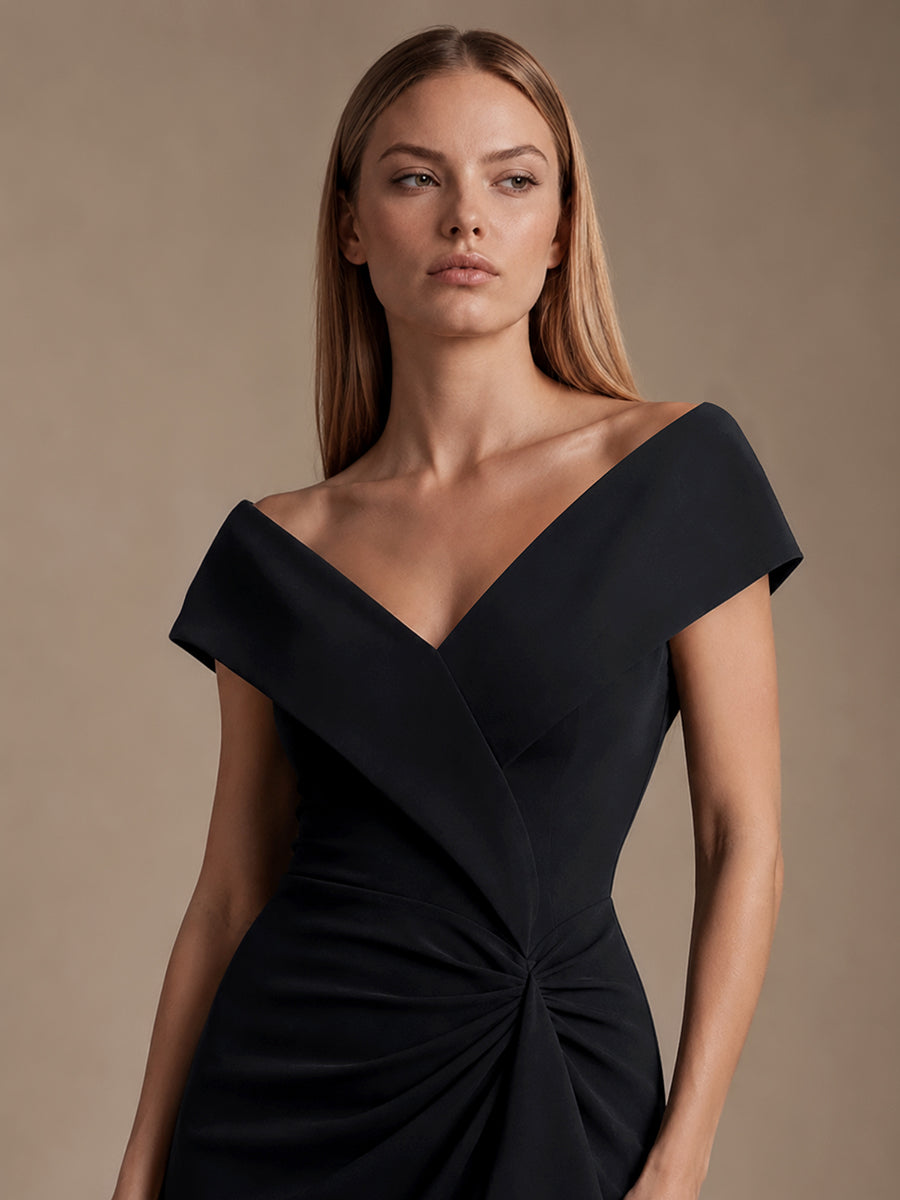 Ruffle Crepe Cap Sleeve Evening Dress #color_Black