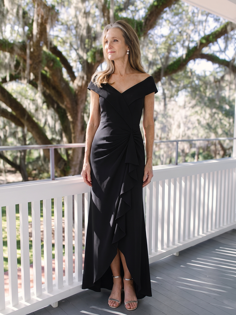 Ruffle Crepe Cap Sleeve Evening Dress #color_Black