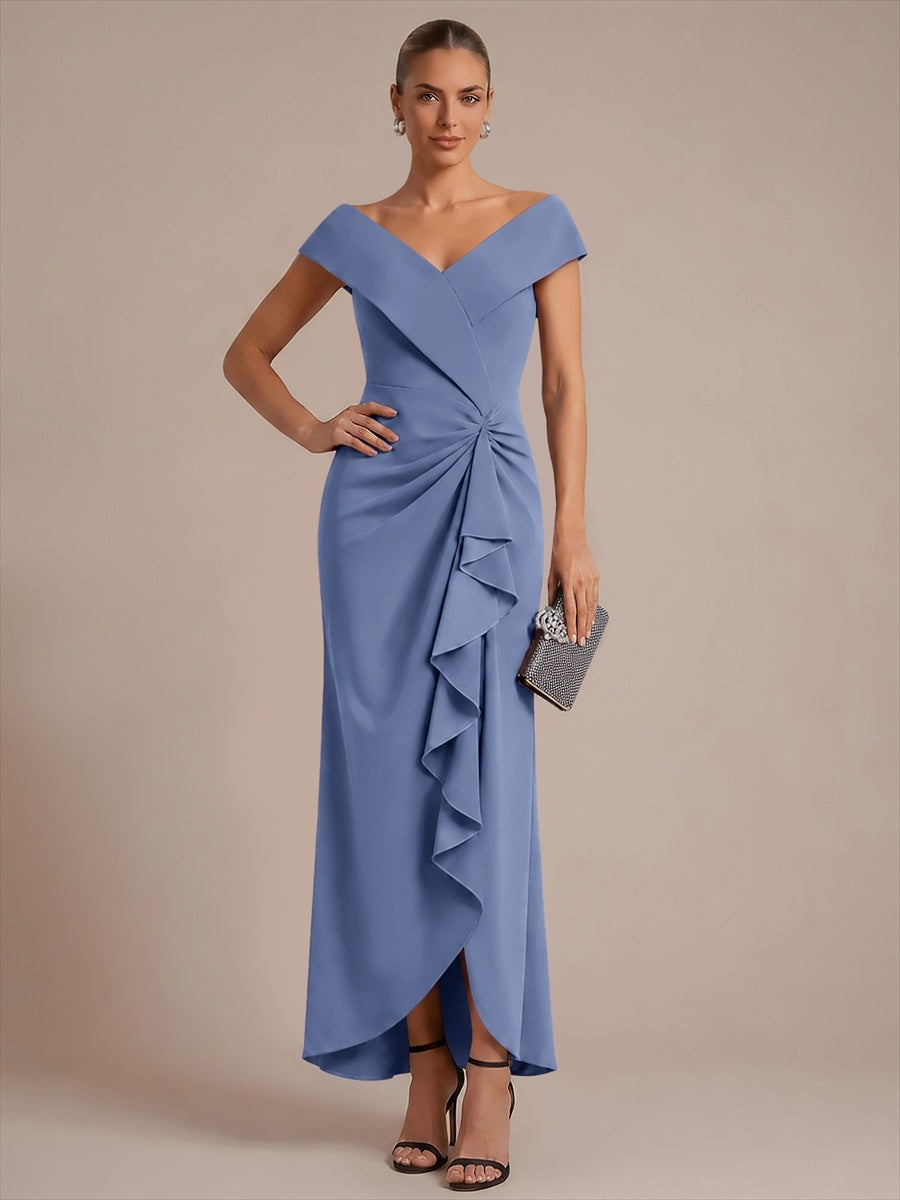Ruffle Crepe Cap Sleeve Evening Dress #color_Dusty Blue