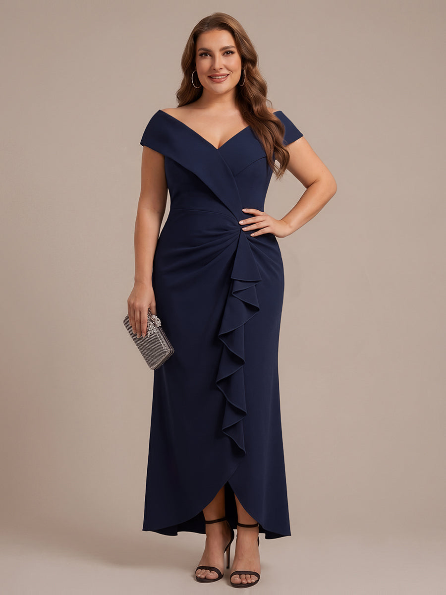 Ruffle Crepe Cap Sleeve Evening Dress #color_Navy Blue