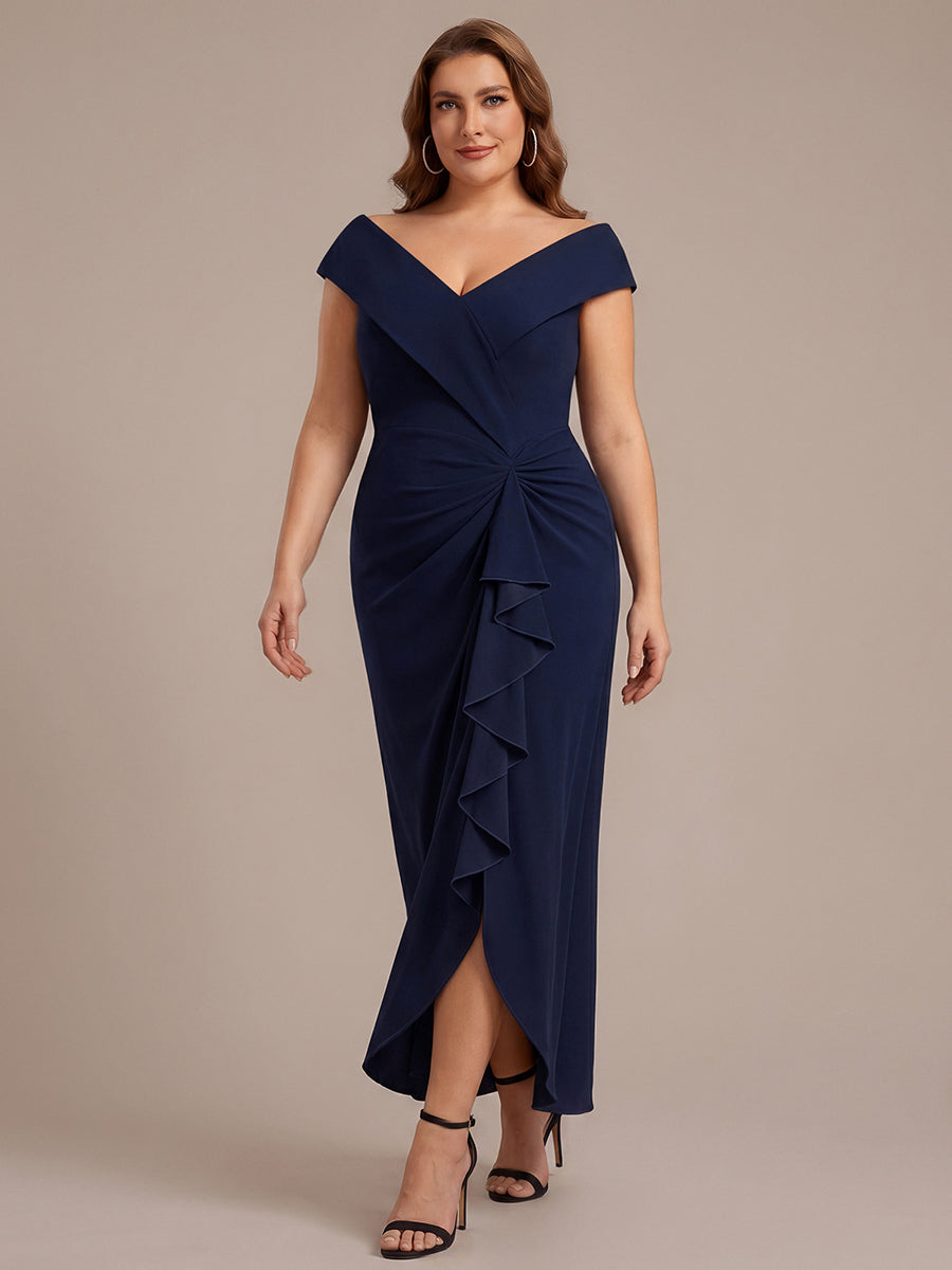 Plus Size Slit Crepe Evening Dress #color_Navy Blue