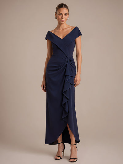 Ruffle Crepe Cap Sleeve Evening Dress