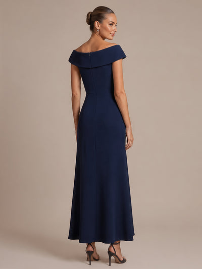 Ruffle Crepe Cap Sleeve Evening Dress #color_Navy Blue