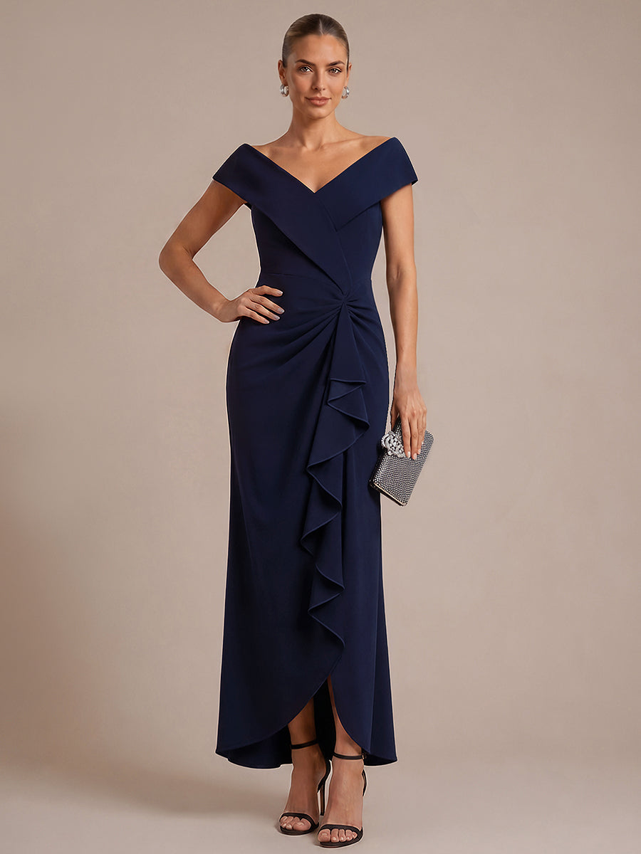 Ruffle Crepe Cap Sleeve Evening Dress #color_Navy Blue
