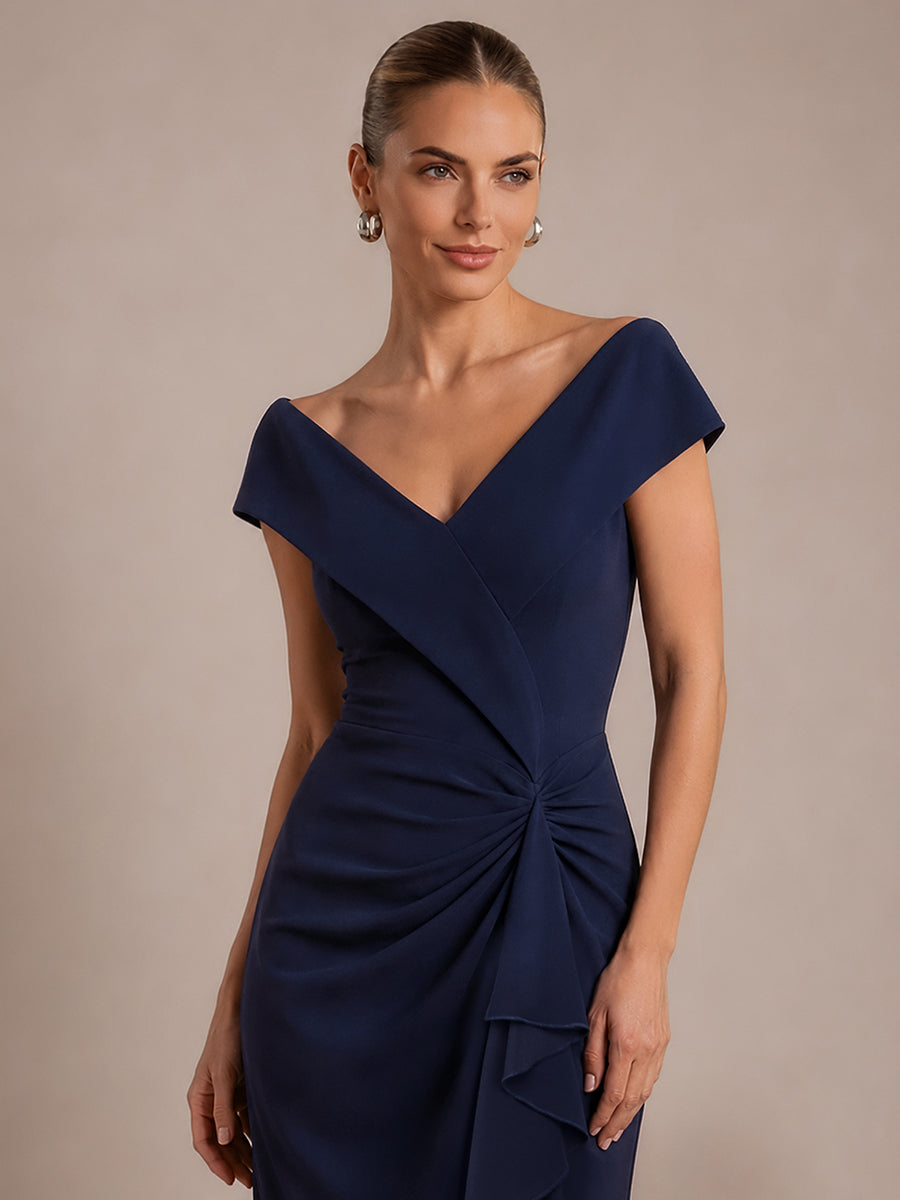 Ruffle Crepe Cap Sleeve Evening Dress #color_Navy Blue