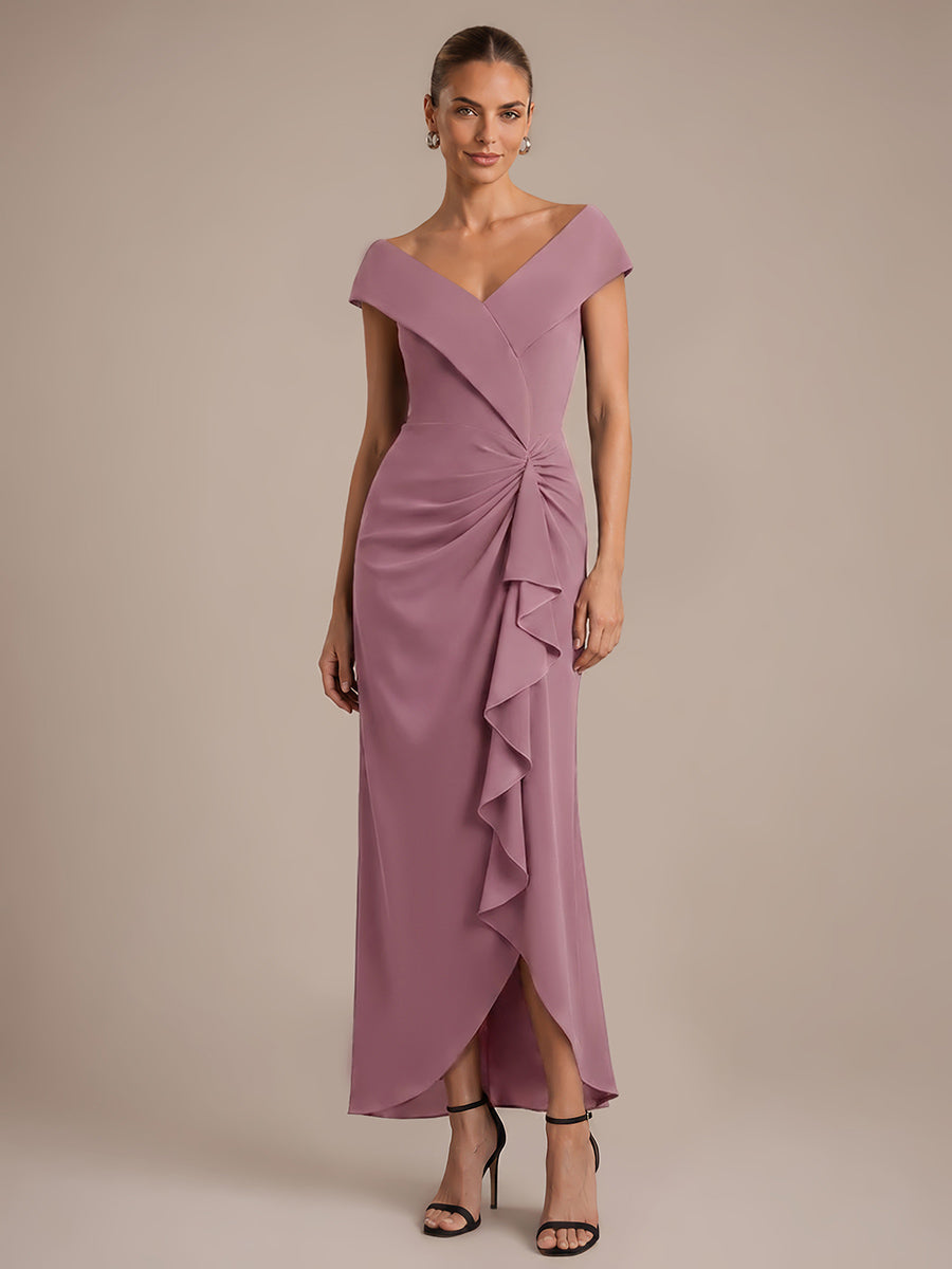 Ruffle Crepe Cap Sleeve Evening Dress #color_Purple Orchid
