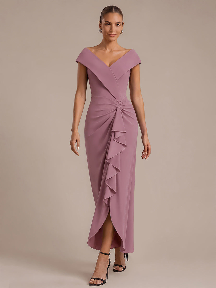 Ruffle Crepe Cap Sleeve Evening Dress #color_Purple Orchid