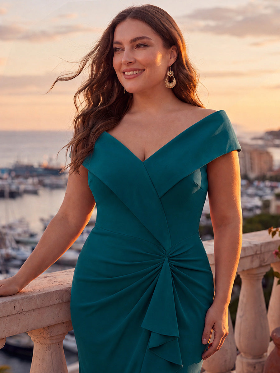 Plus Size Slit Crepe Evening Dress #color_Teal Blue