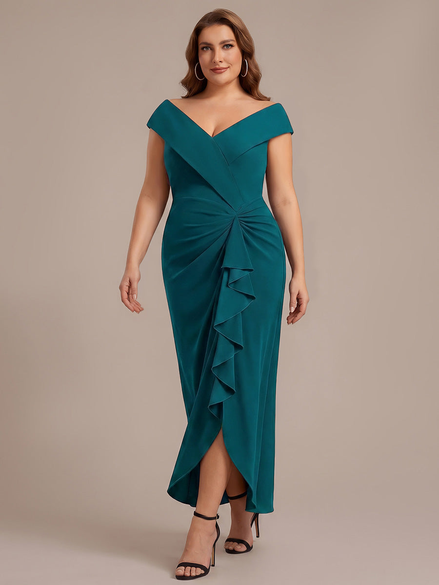 Ruffle Crepe Cap Sleeve Evening Dress #color_Teal Blue