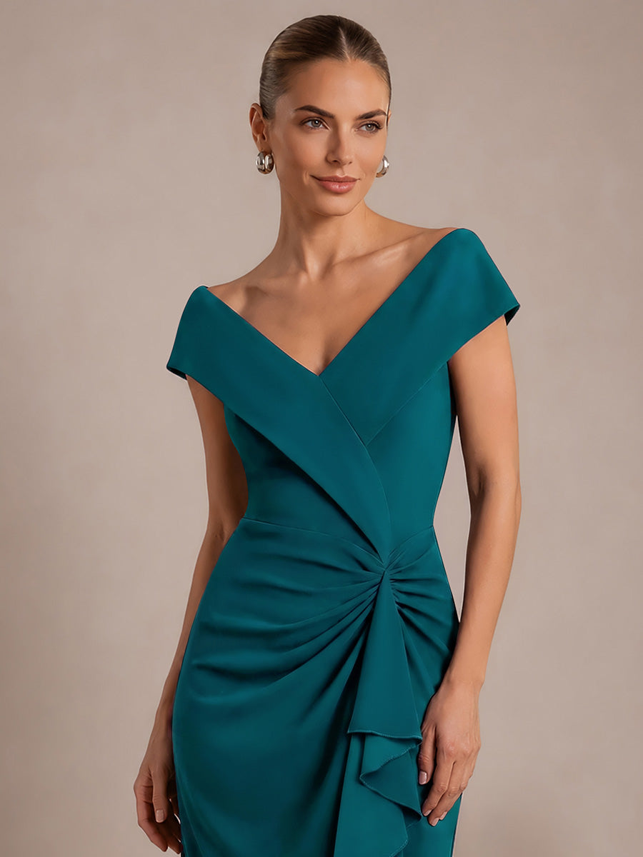 Ruffle Crepe Cap Sleeve Evening Dress #color_Teal Blue