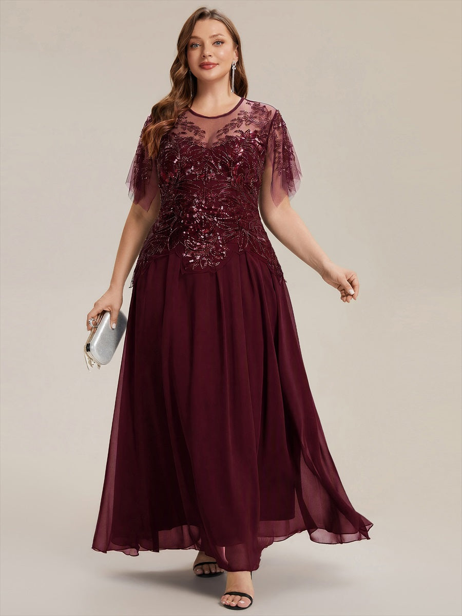Embroidered Sequin Ruffle Sleeve Black Tie Evening Dress #color_Burgundy