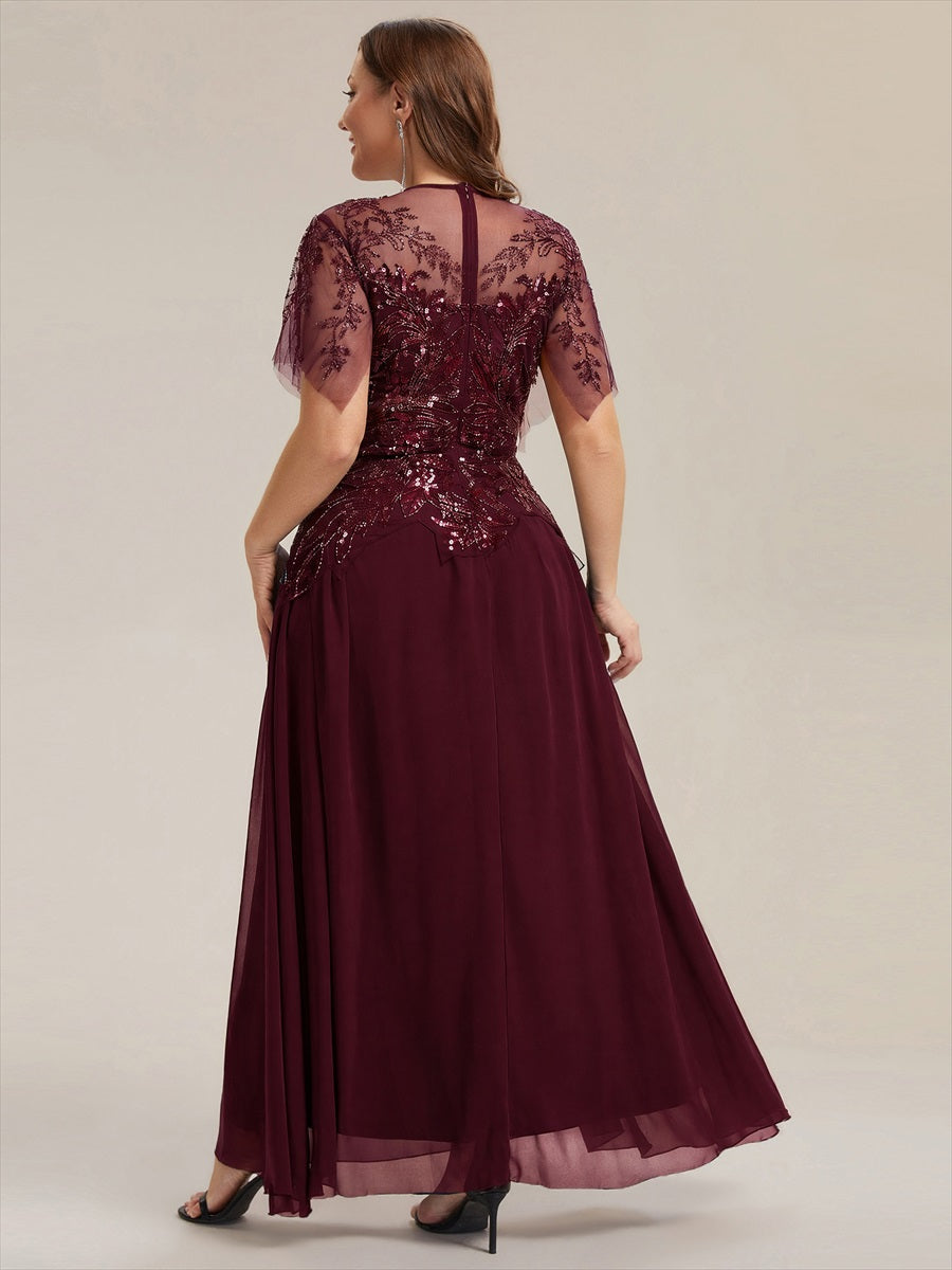 Embroidered Sequin Ruffle Sleeve Black Tie Evening Dress #color_Burgundy