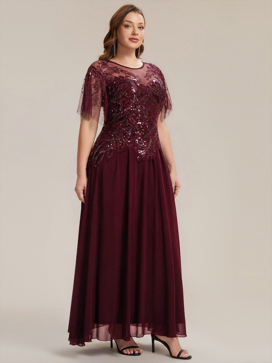 Embroidered Sequin Ruffle Sleeve Black Tie Evening Dress #color_Burgundy