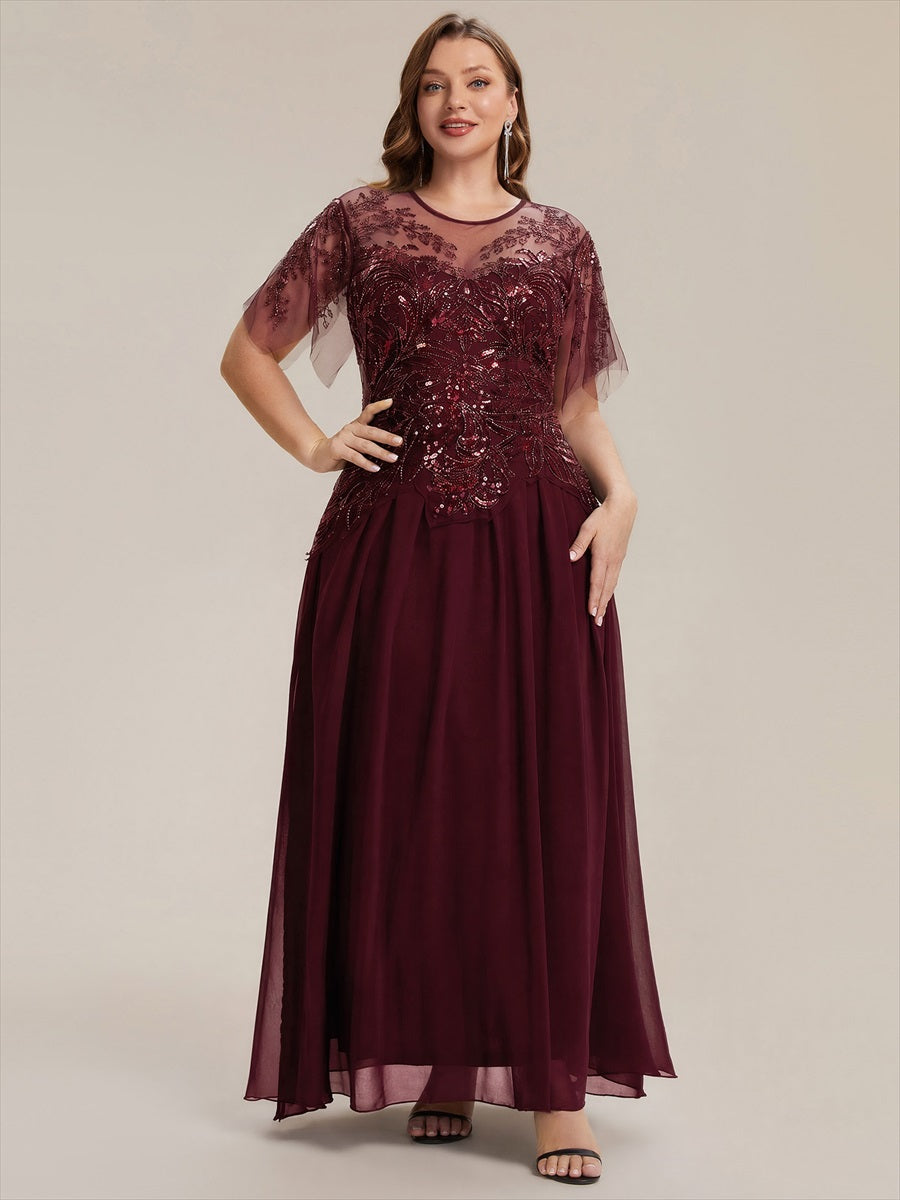 Embroidered Sequin Ruffle Sleeve Black Tie Evening Dress #color_Burgundy