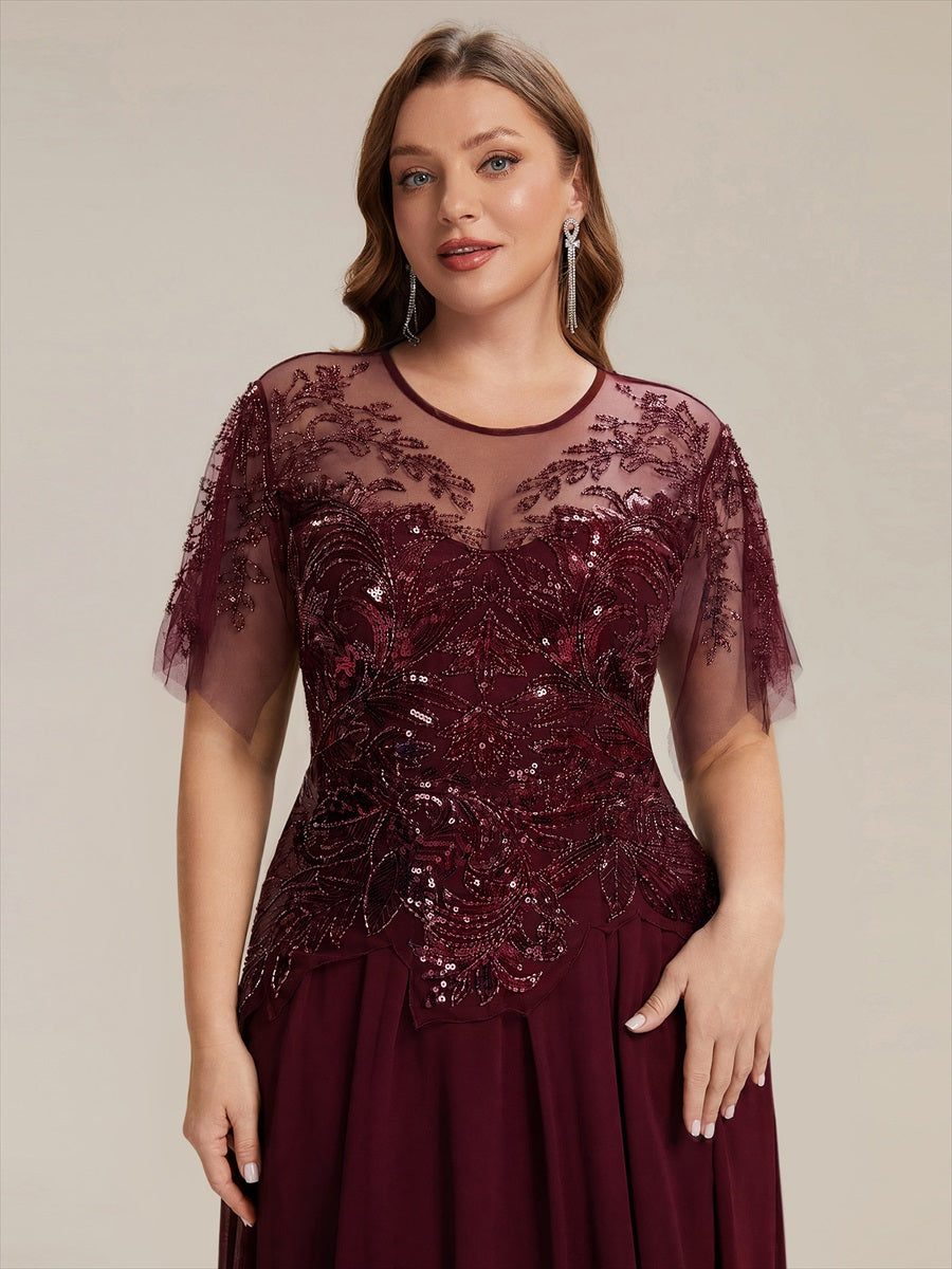 Embroidered Sequin Ruffle Sleeve Black Tie Evening Dress #color_Burgundy