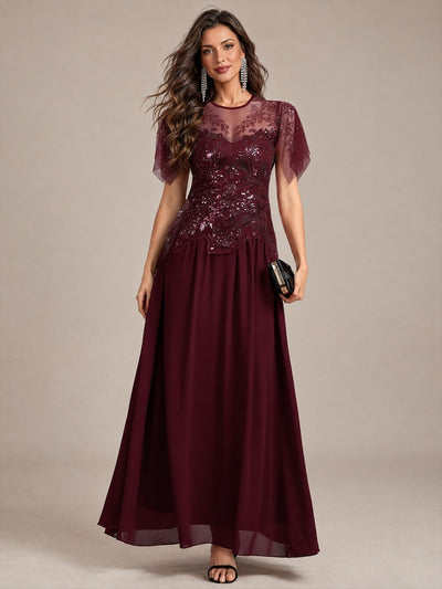 ever LUSTRE|Embroidered Sequin Ruffle Sleeve Black Tie Evening Dress