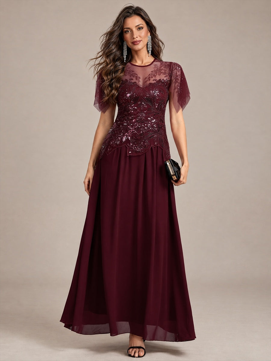 Embroidered Sequin Ruffle Sleeve Black Tie Evening Dress #color_Burgundy