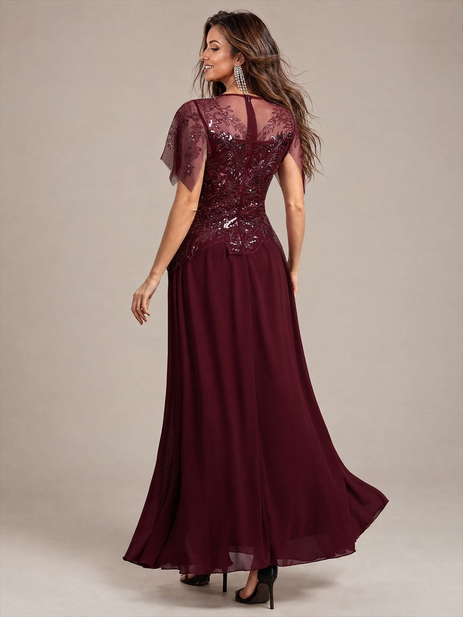 Embroidered Sequin Ruffle Sleeve Black Tie Evening Dress #color_Burgundy
