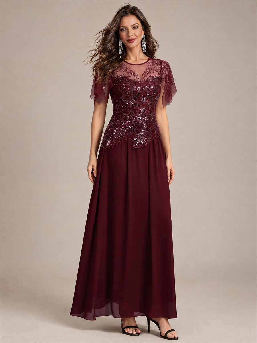 Embroidered Sequin Ruffle Sleeve Black Tie Evening Dress #color_Burgundy