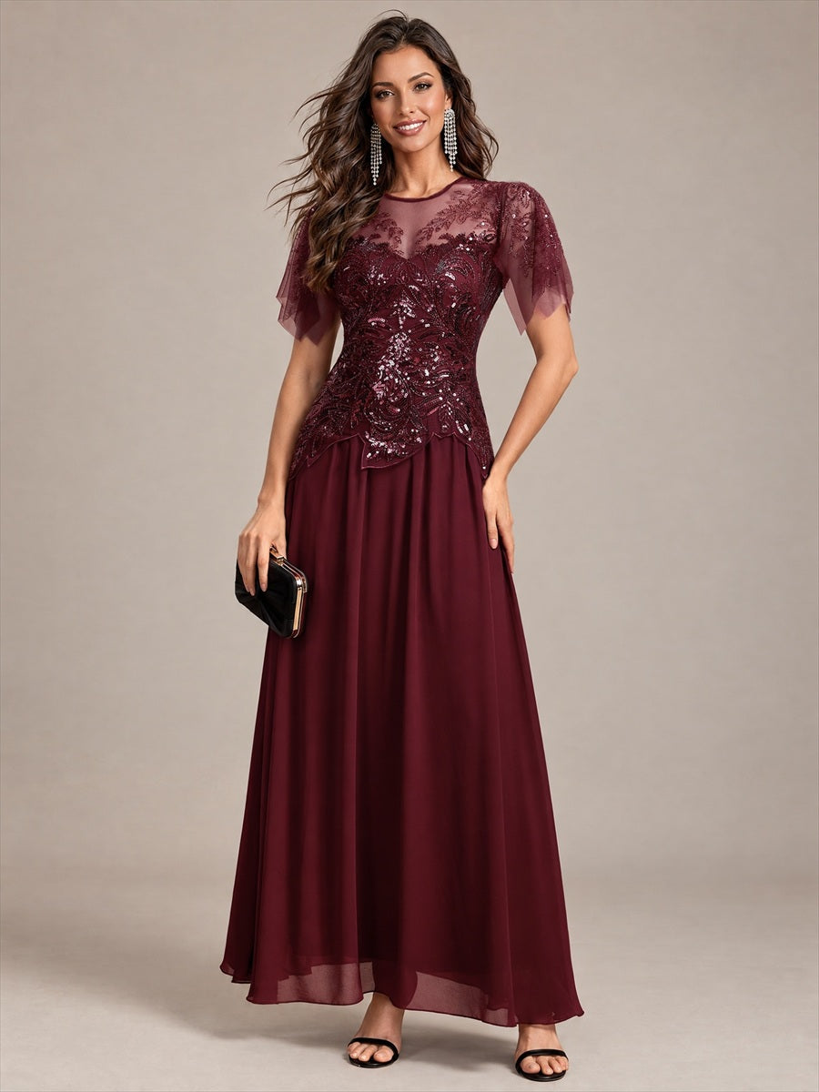 Embroidered Sequin Ruffle Sleeve Black Tie Evening Dress #color_Burgundy