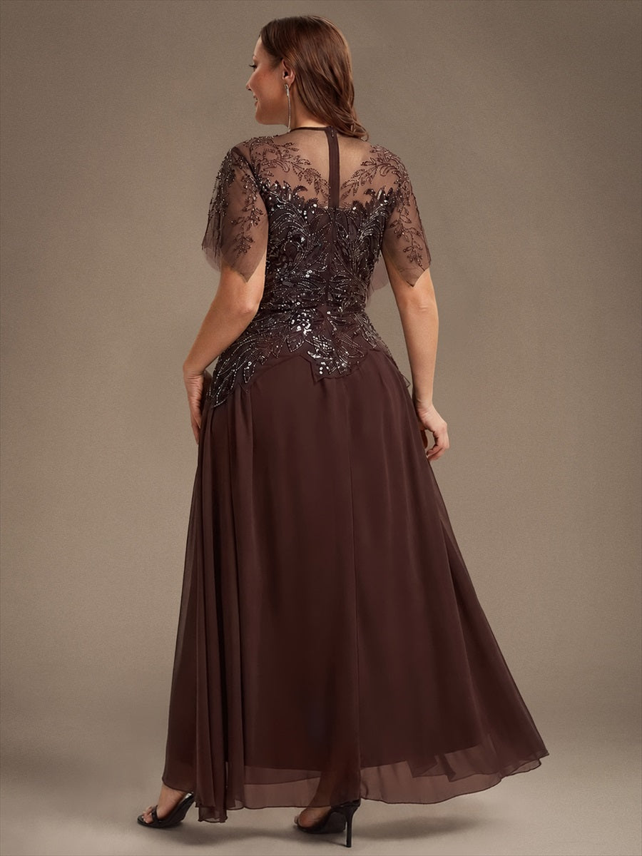 Embroidered Sequin Ruffle Sleeve Black Tie Evening Dress #color_Brown