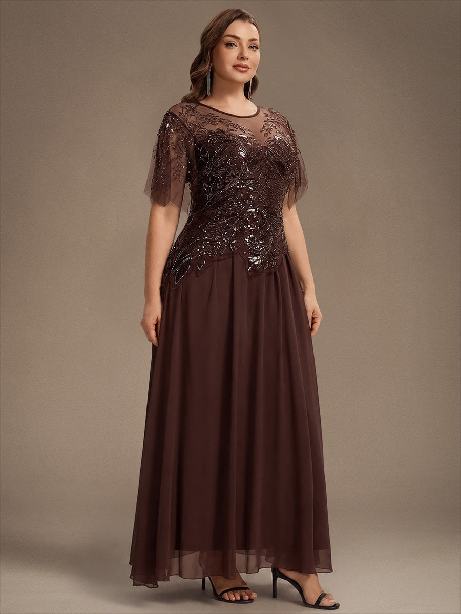 Embroidered Sequin Ruffle Sleeve Black Tie Evening Dress #color_Brown
