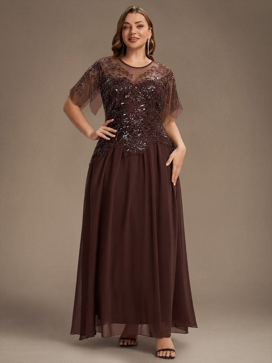 Embroidered Sequin Ruffle Sleeve Black Tie Evening Dress #color_Brown