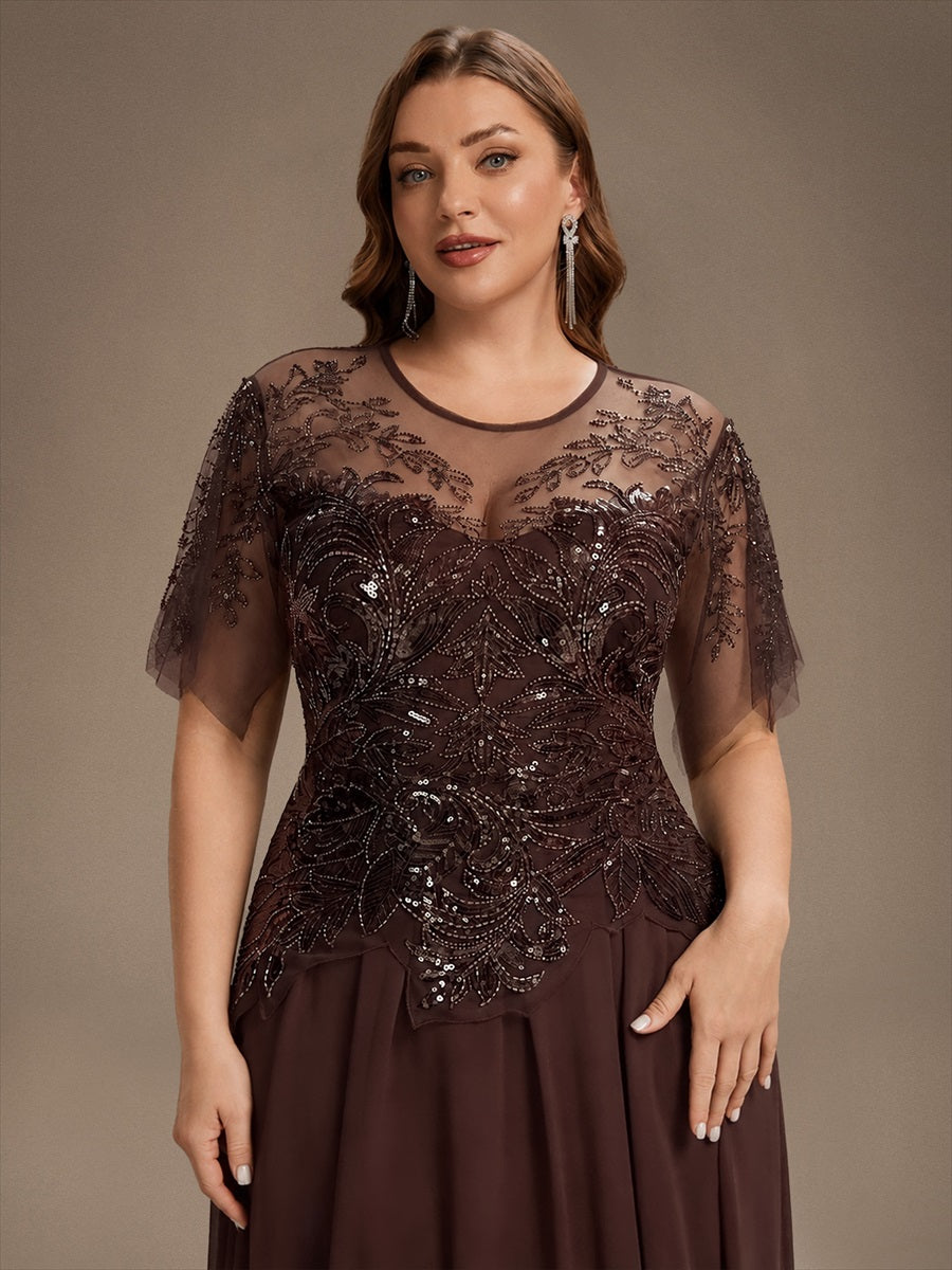 Embroidered Sequin Ruffle Sleeve Black Tie Evening Dress #color_Brown