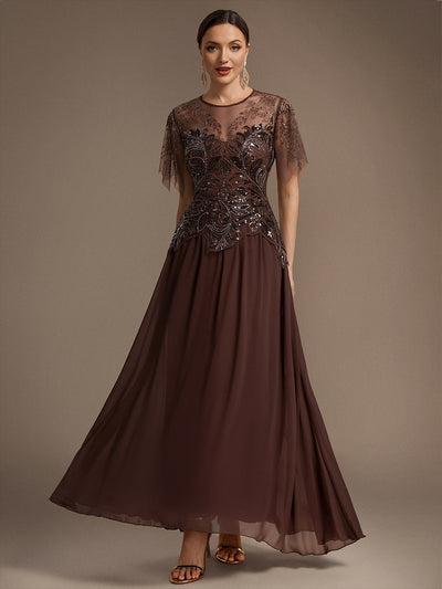 ever LUSTRE|Embroidered Sequin Ruffle Sleeve Black Tie Evening Dress