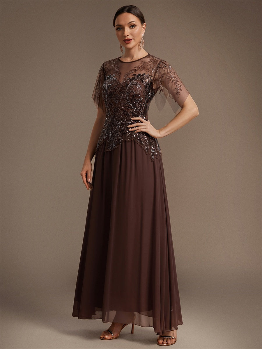 Embroidered Sequin Ruffle Sleeve Black Tie Evening Dress #color_Brown