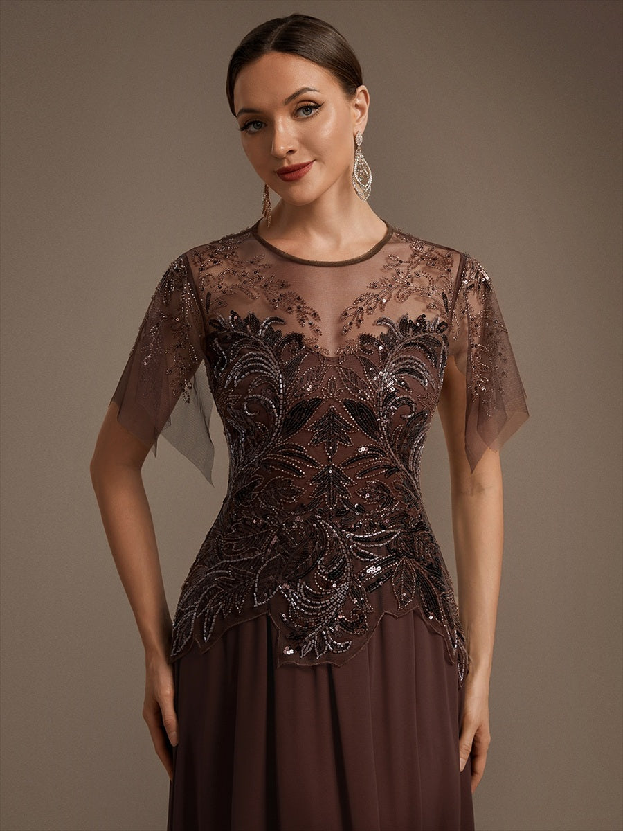 Embroidered Sequin Ruffle Sleeve Black Tie Evening Dress #color_Brown