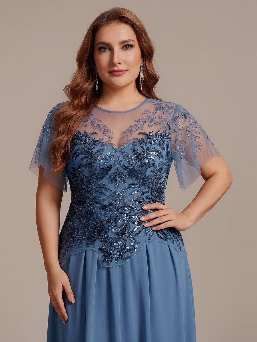 Embroidered Sequin Ruffle Sleeve Black Tie Evening Dress #color_Dusty Blue