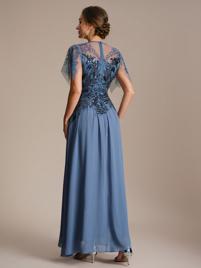Embroidered Sequin Ruffle Sleeve Black Tie Evening Dress #color_Dusty Blue