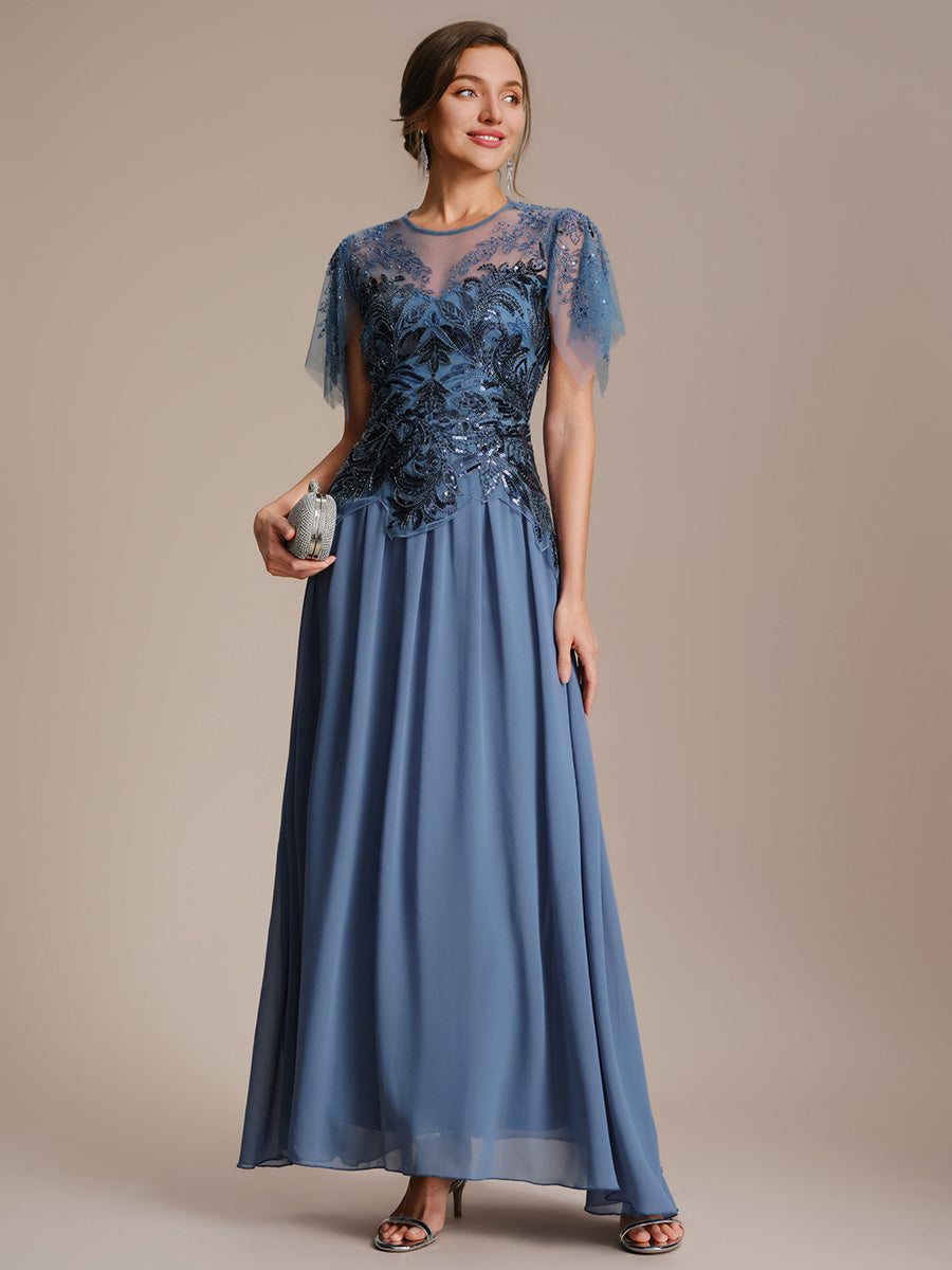 Embroidered Sequin Ruffle Sleeve Black Tie Evening Dress #color_Dusty Blue