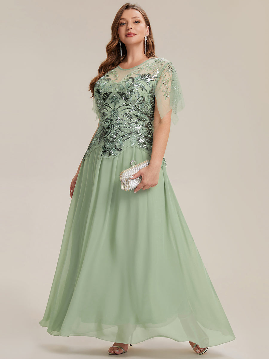 Embroidered Sequin Ruffle Sleeve Black Tie Evening Dress #color_Mint Green