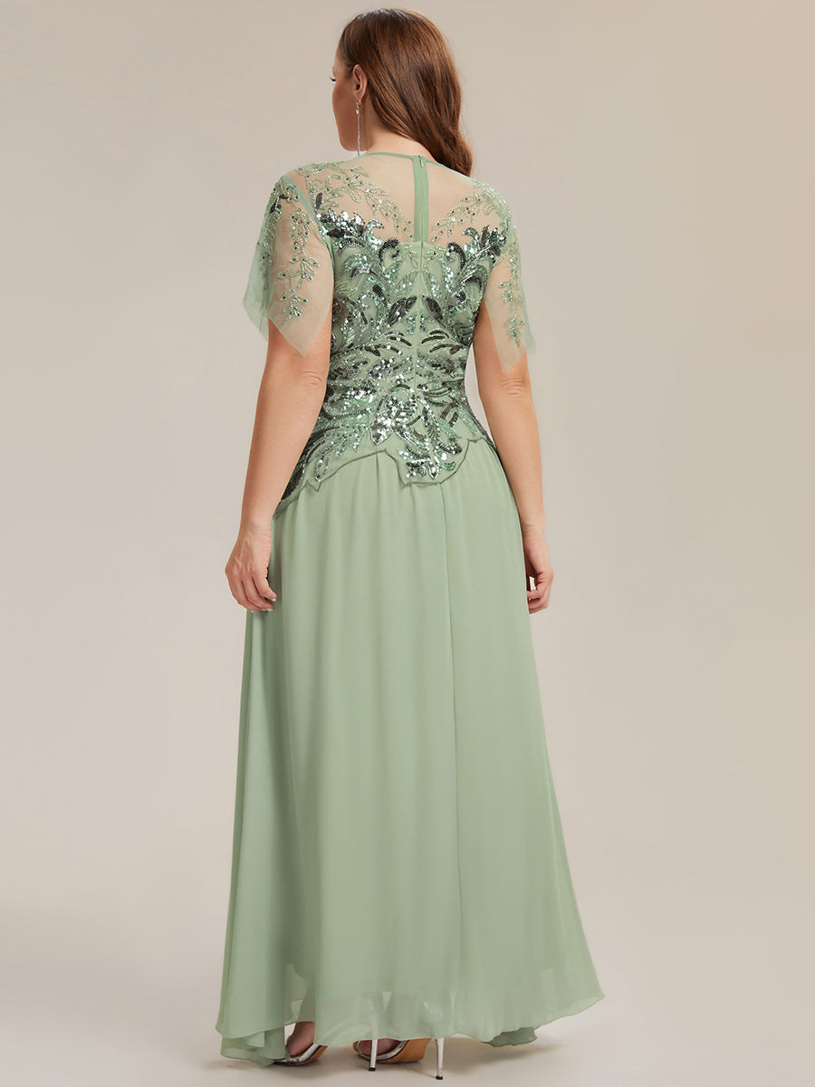 Embroidered Sequin Ruffle Sleeve Black Tie Evening Dress #color_Mint Green
