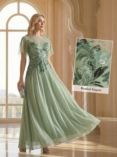 Embroidered Sequin Ruffle Sleeve Black Tie Evening Dress #color_Mint Green
