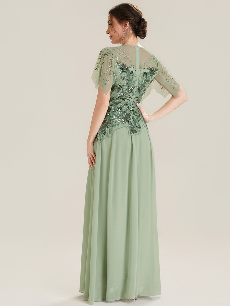 Embroidered Sequin Ruffle Sleeve Black Tie Evening Dress #color_Mint Green