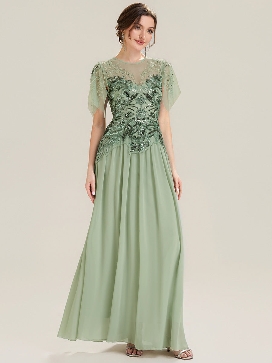 Embroidered Sequin Ruffle Sleeve Black Tie Evening Dress #color_Mint Green