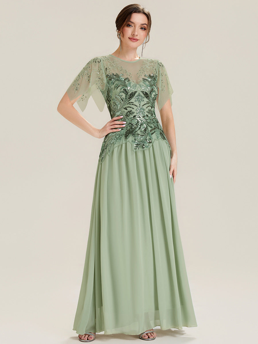Embroidered Sequin Ruffle Sleeve Black Tie Evening Dress #color_Mint Green