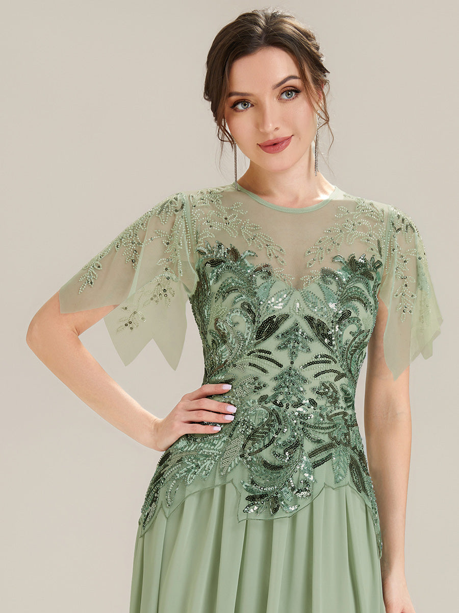 Embroidered Sequin Ruffle Sleeve Black Tie Evening Dress #color_Mint Green