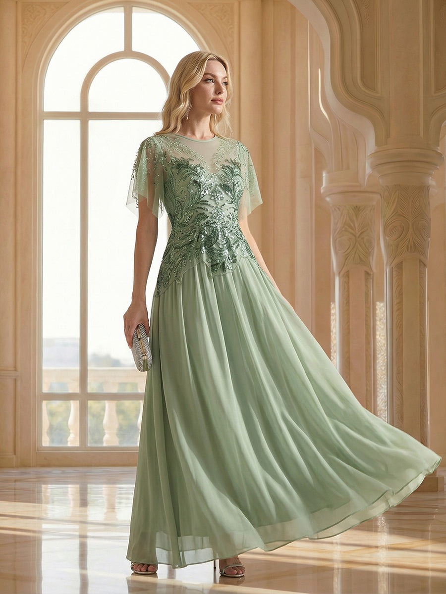 Ever-Pretty Beaded Sequin Chiffon Mother of the Bride Dress with Ruffle Sleeves