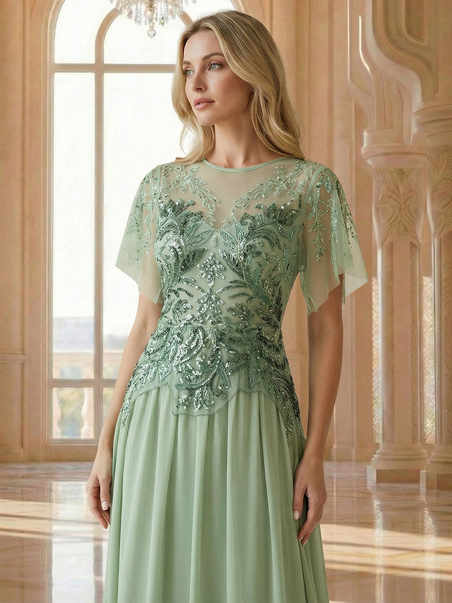 Embroidered Sequin Ruffle Sleeve Black Tie Evening Dress #color_Mint Green