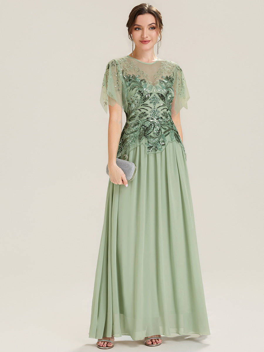 Ever-Pretty Beaded Sequin Chiffon Mother of the Bride Dress with Ruffle Sleeves