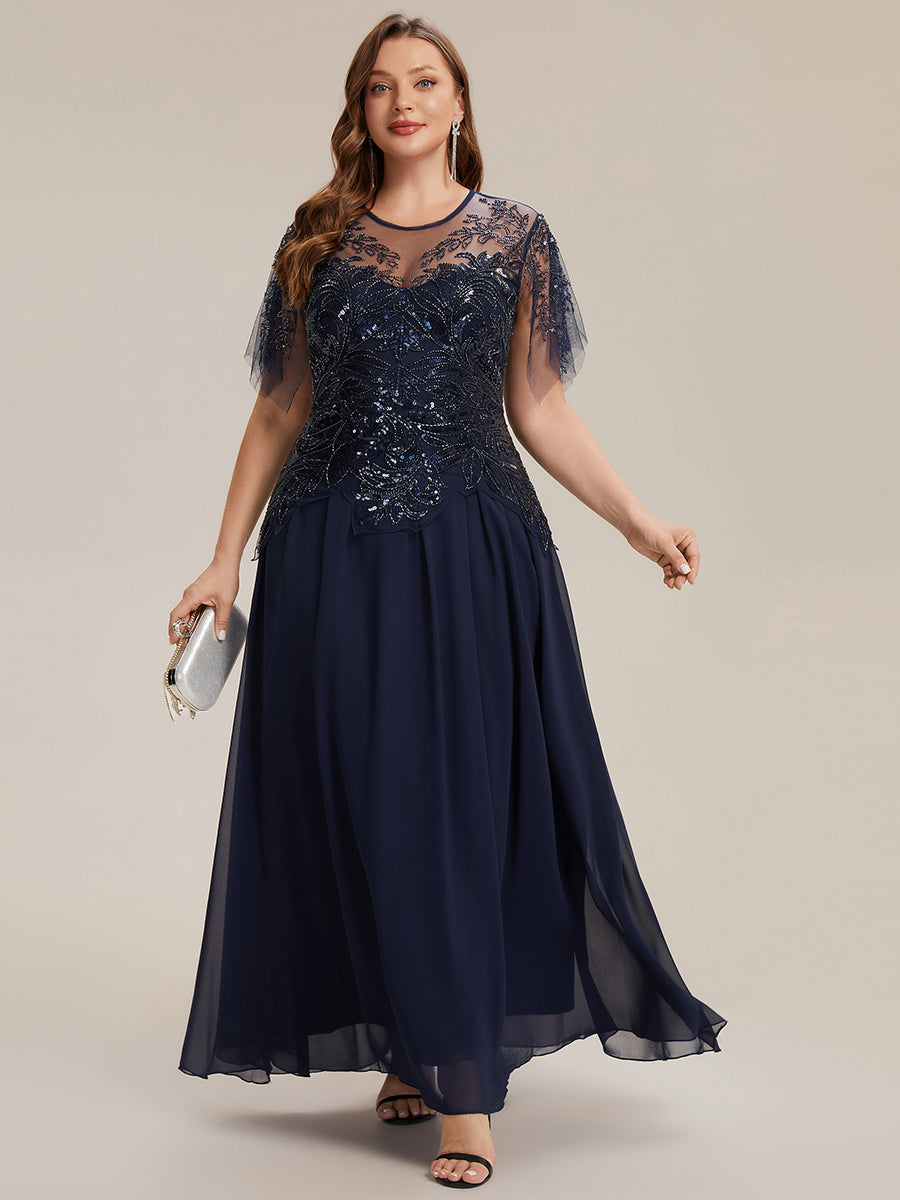 Embroidered Sequin Ruffle Sleeve Black Tie Evening Dress #color_Navy Blue